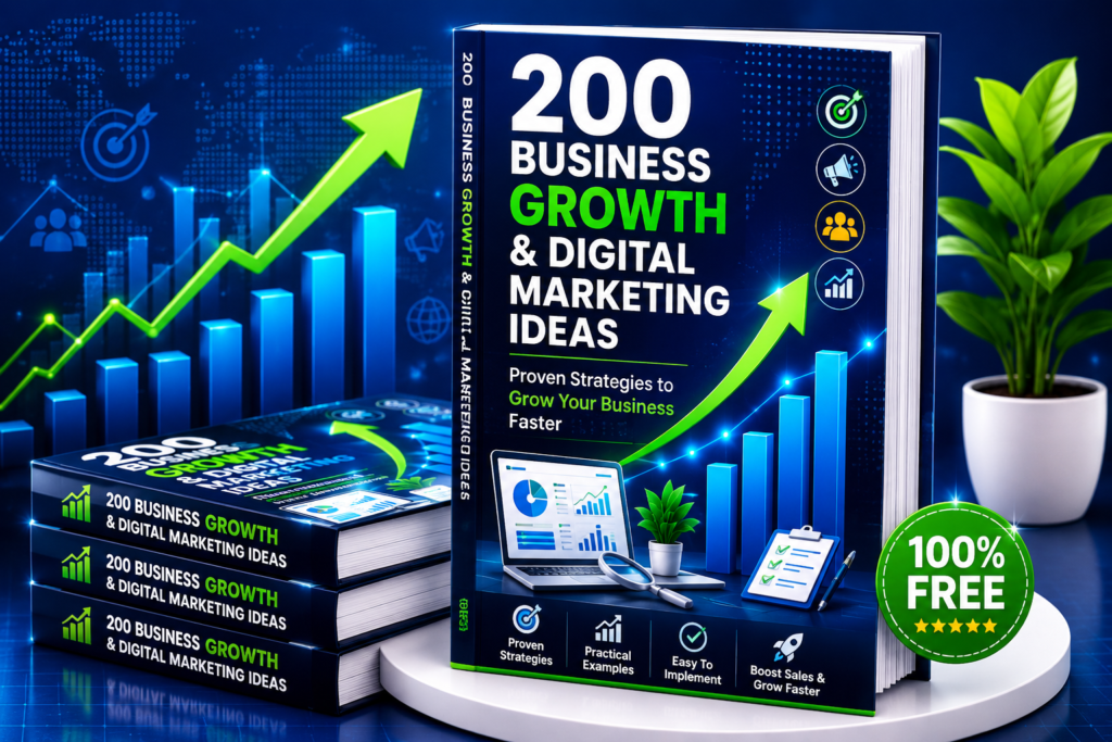 200 Business Growth and Digital Marketing Ideas Free Ebook Cover with Business Growth Strategies and Marketing Tips